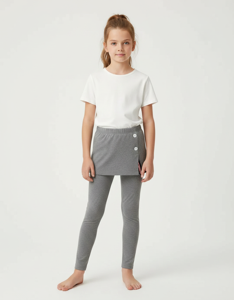 Pantalon Gris Legging Jupe Boutons Fille Coton