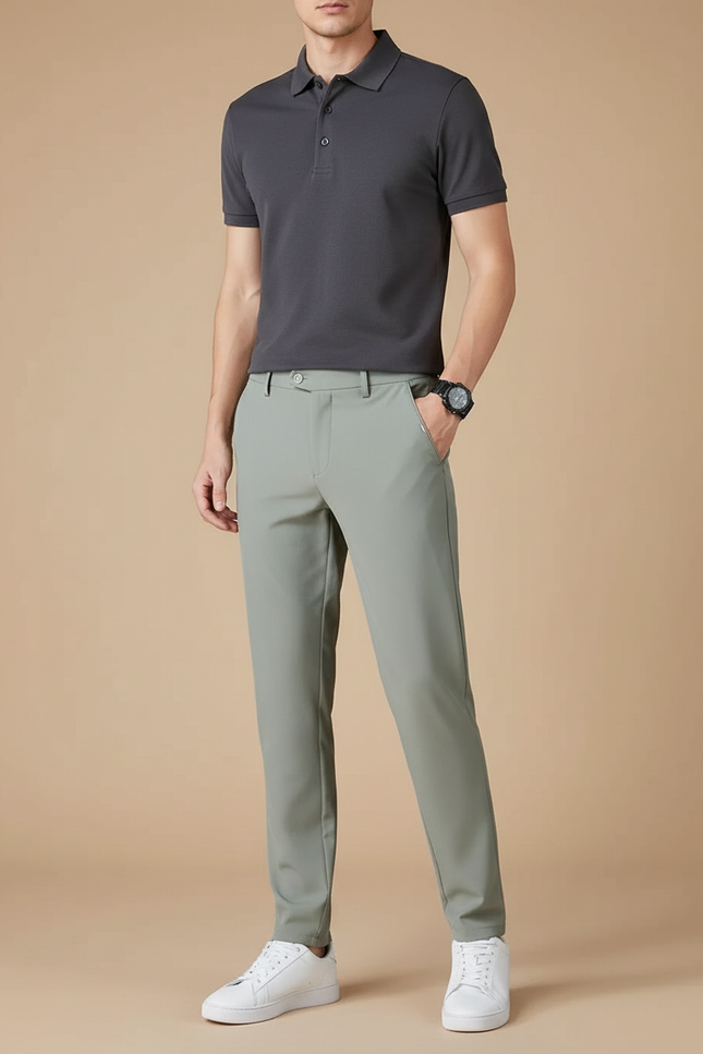 Pantalon Gris Slim Droit Élastique Respirant Décontracté - Vert Polyester