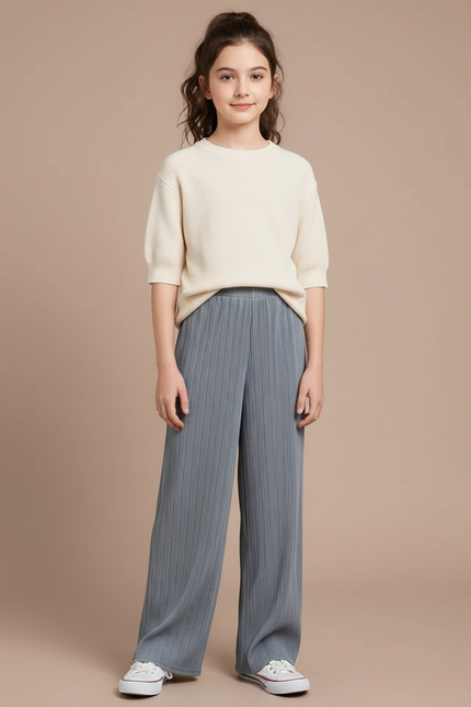 Pantalon Gris Plissé Fluide Décontracté Fille - Maille