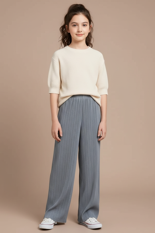 Pantalon Gris Plissé Fluide Décontracté Fille - Maille