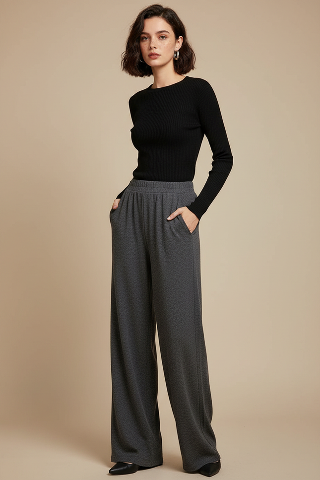 Pantalon Gris Ample Droit Tissu Drapé Confortable - Molleton