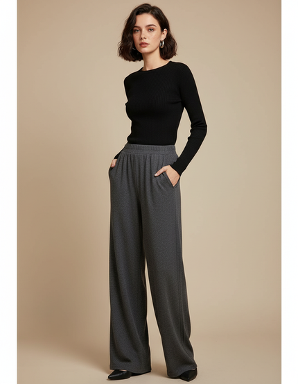 Pantalon Gris Ample Droit Tissu Drapé Confortable - Molleton