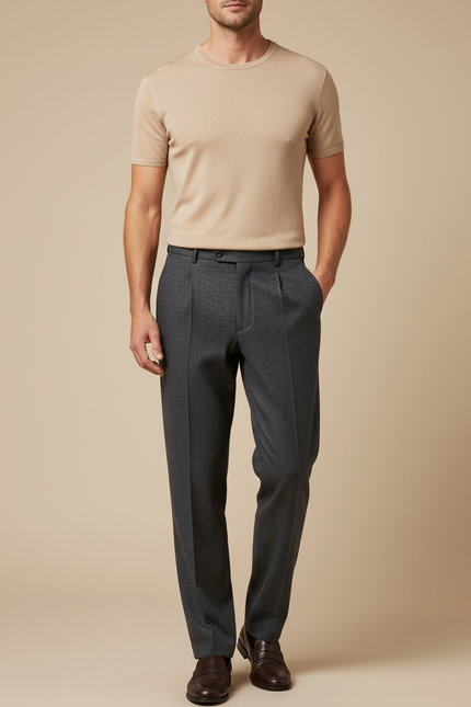 Pantalon Gris Plissé Laine Chevron Élégant Homme