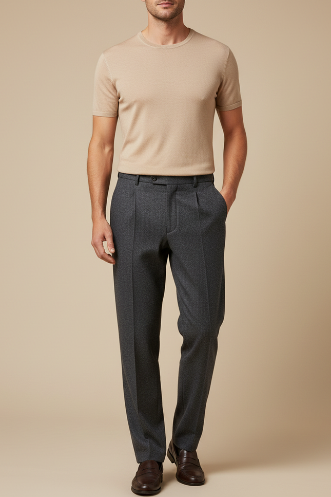 Pantalon Gris Plissé Laine Chevron Élégant Homme