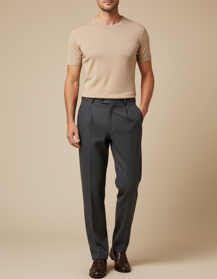 Pantalon Gris Plissé Laine Chevron Élégant Homme