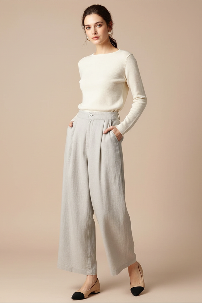 Pantalon Gris Ample Décontracté Lin Coton Femme