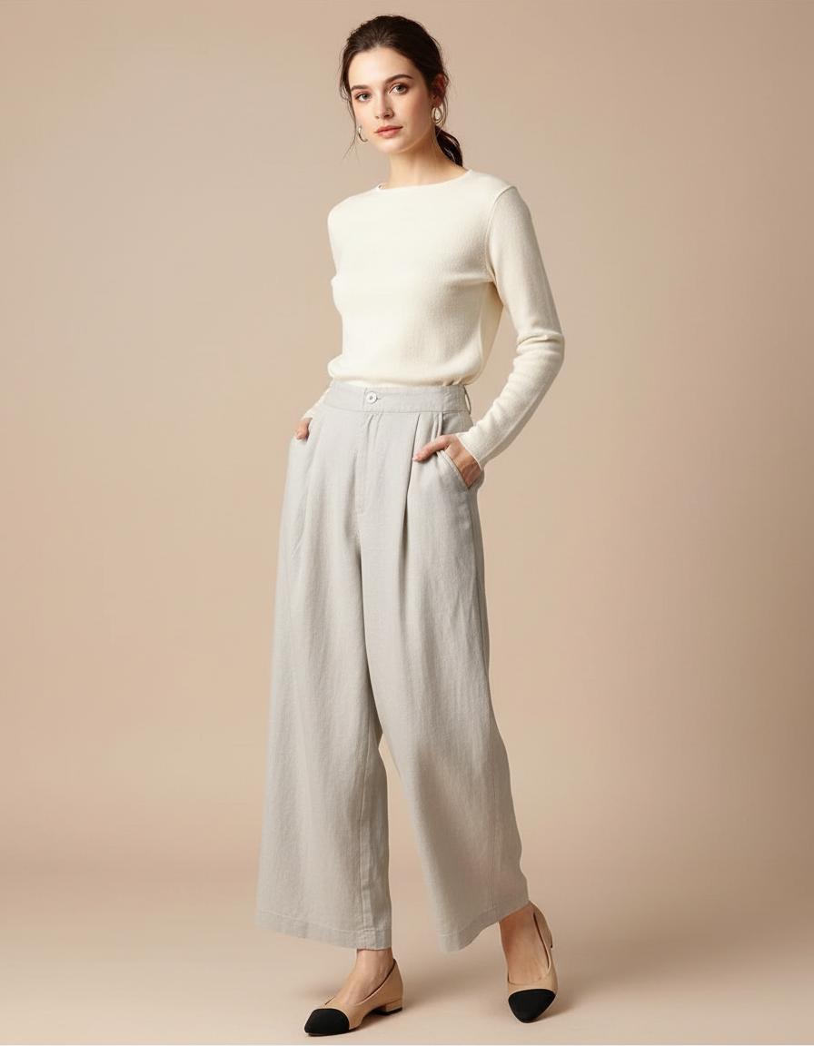 Pantalon Gris Ample Décontracté Lin Coton Femme
