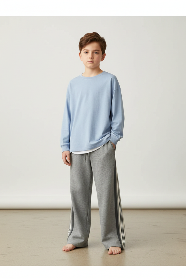 Pantalon Gris Ample Sportif Rayures Garçon - Molleton