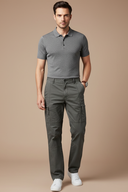 Pantalon Gris Cargo Homme Coton Droit Zippé - Kaki