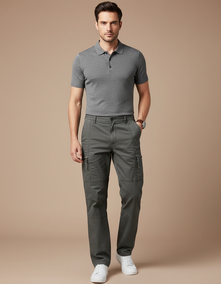 Pantalon Gris Cargo Homme Coton Droit Zippé - Kaki