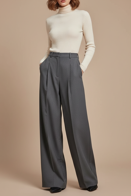 Pantalon Gris Ample Plissé Fluide Élégant - Laine