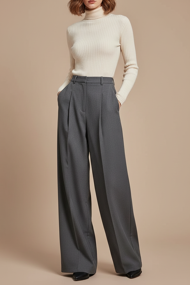 Pantalon Gris Ample Plissé Fluide Élégant - Laine