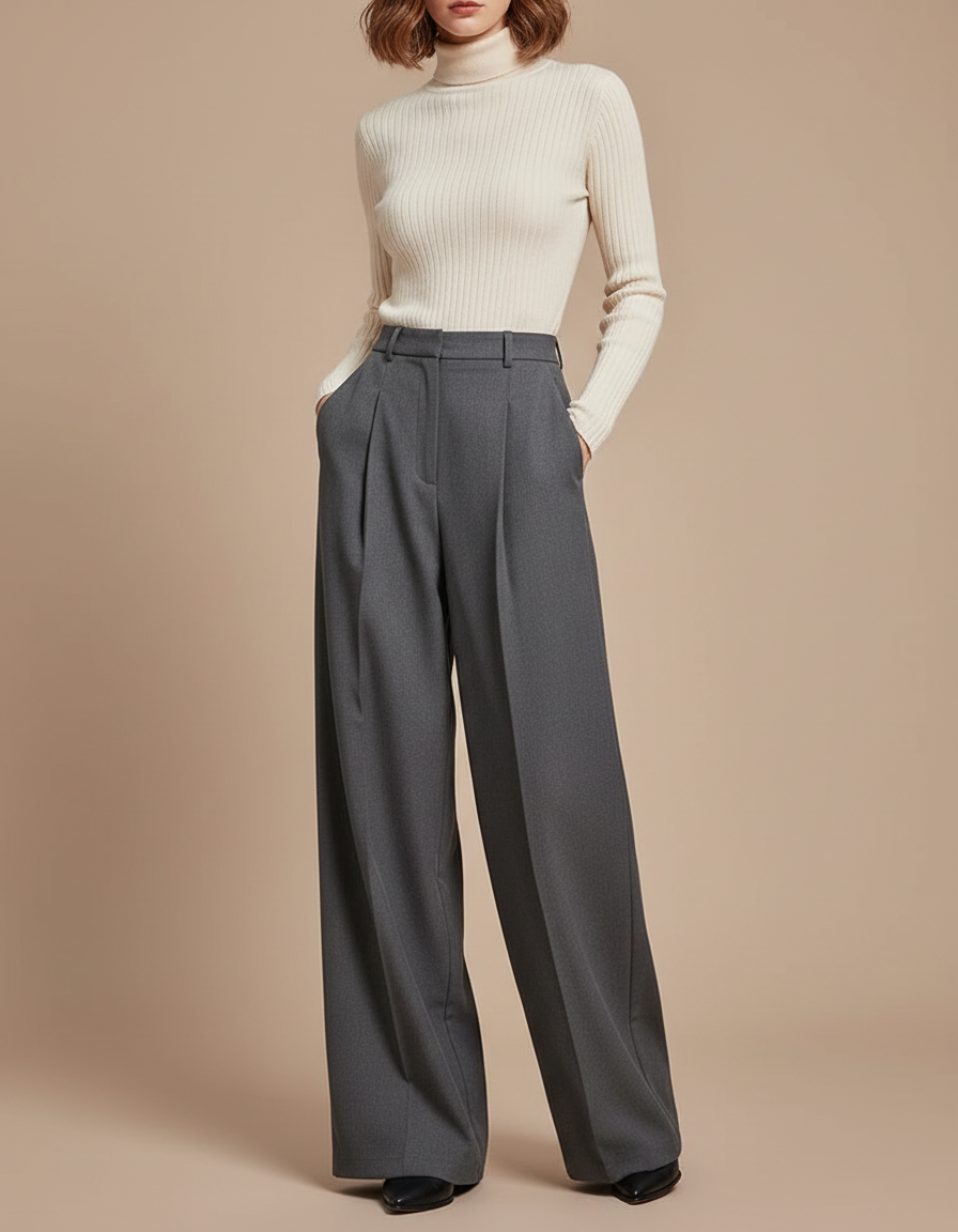 Pantalon Gris Ample Plissé Fluide Élégant - Laine
