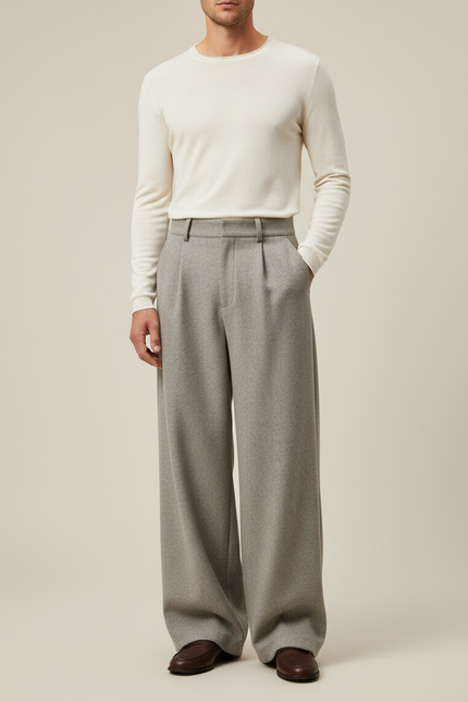 Pantalon Gris Laine Drapé Ample Élégant Homme