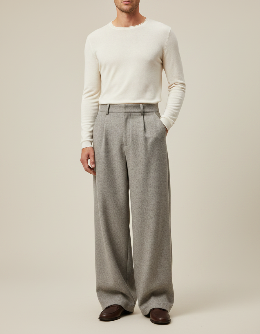Pantalon Gris Laine Drapé Ample Élégant Homme
