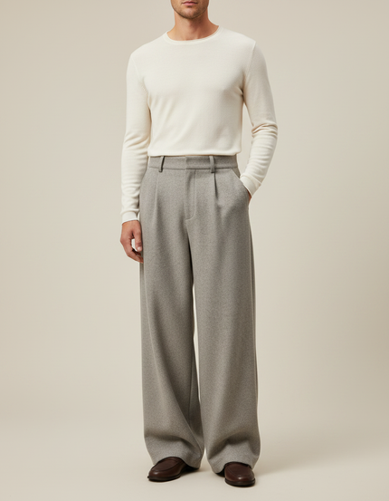 Pantalon Gris Laine Drapé Ample Élégant Homme