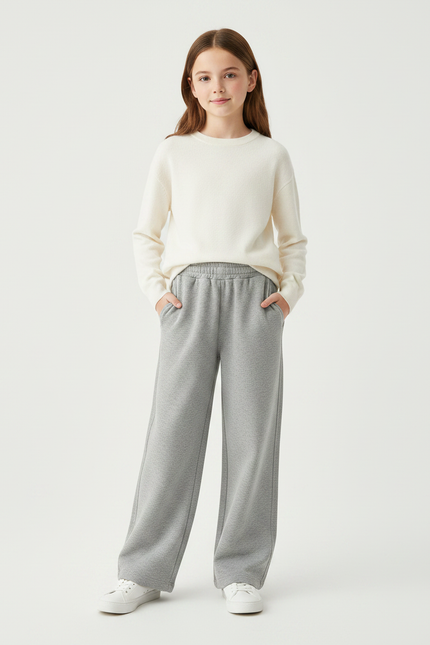 Pantalon Gris Ample Molletonné Confortable Fille
