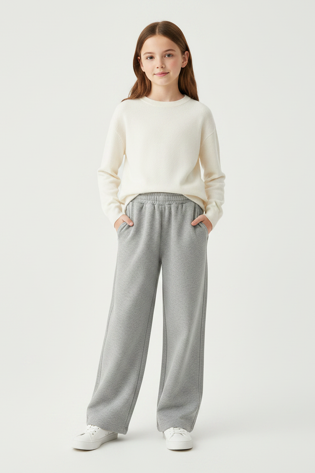 Pantalon Gris Ample Molletonné Confortable Fille