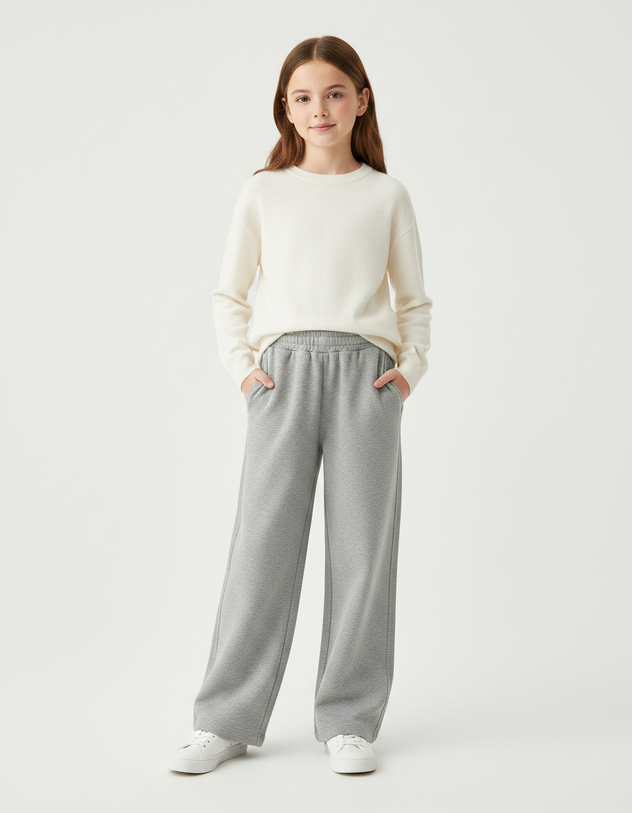 Pantalon Gris Ample Molletonné Confortable Fille