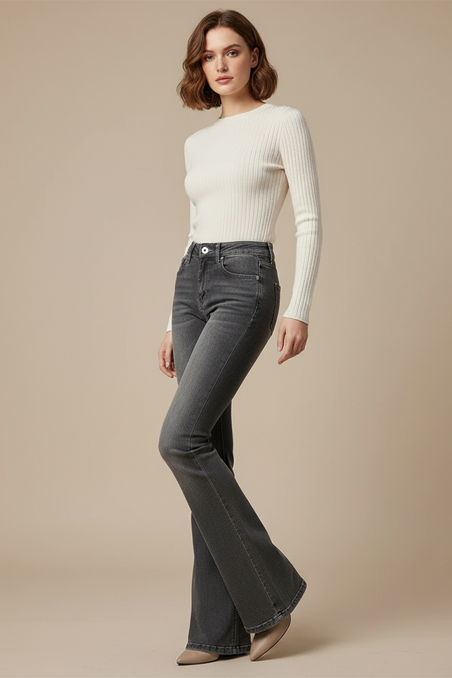 Pantalon Gris Évasé Taille Haute Délavé Femme - Jean