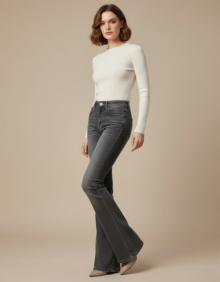 Pantalon Gris Évasé Taille Haute Délavé Femme - Jean