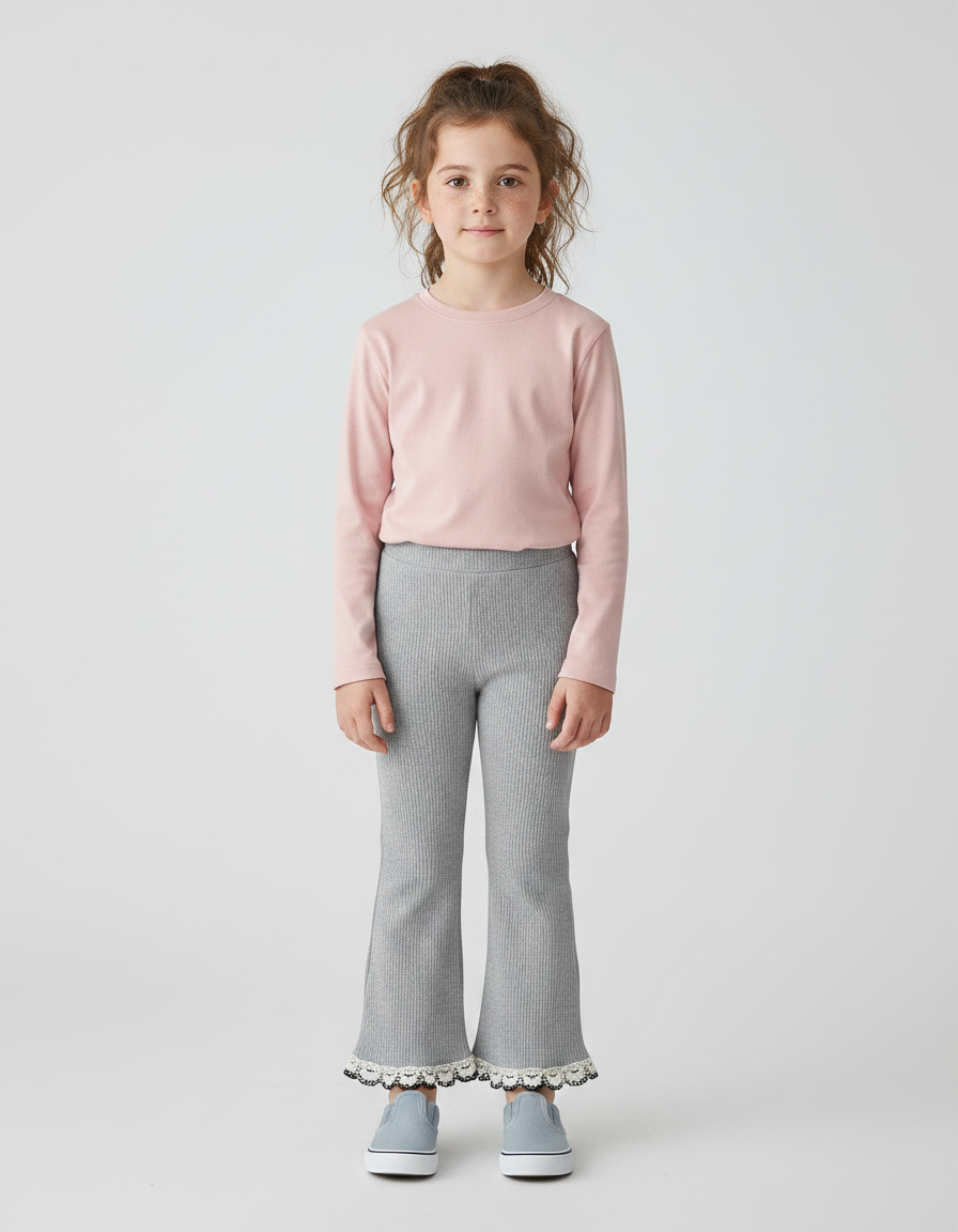 Pantalon Gris Côtelé Évasé Dentelle Enfant - Maille