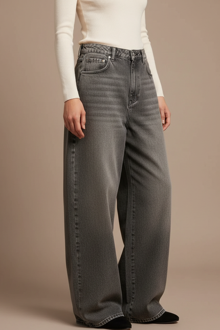 Pantalon Gris Jean Ample Taille Haute Femme