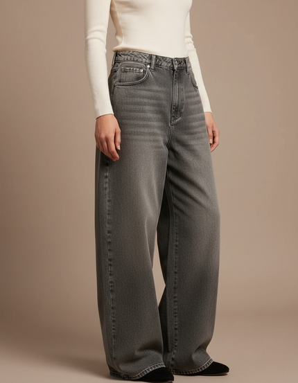 Pantalon Gris Jean Ample Taille Haute Femme