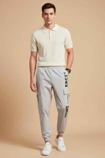 Pantalon Gris Cargo Décontracté Cordon Sportif Homme - Polyester