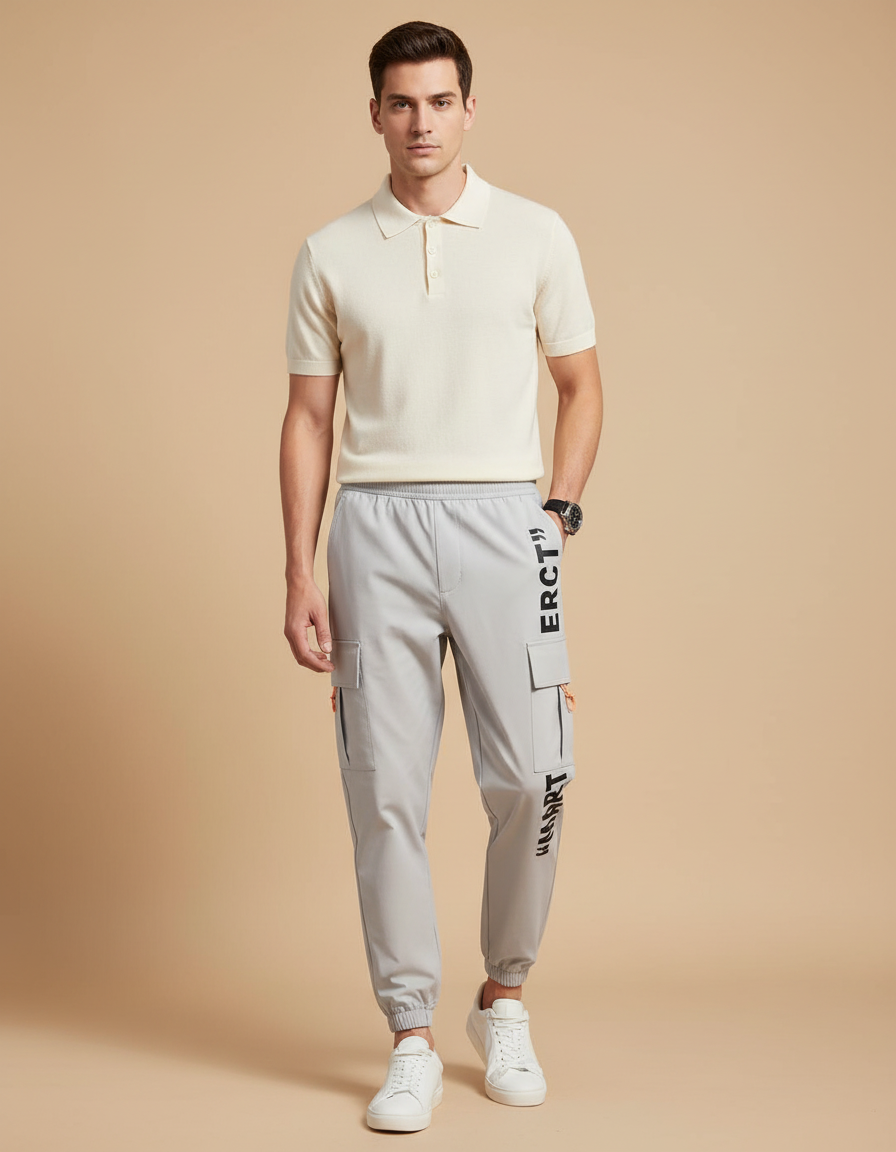 Pantalon Gris Cargo Décontracté Cordon Sportif Homme - Polyester