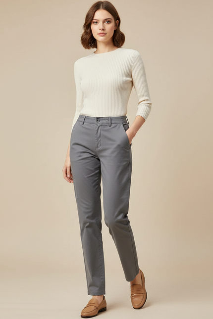 Pantalon Gris Chino Coton Coupe Droite Femme