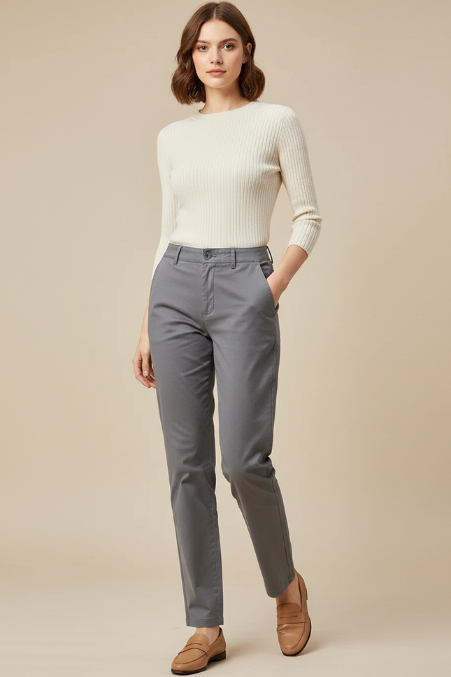 Pantalon Gris Chino Coton Coupe Droite Femme