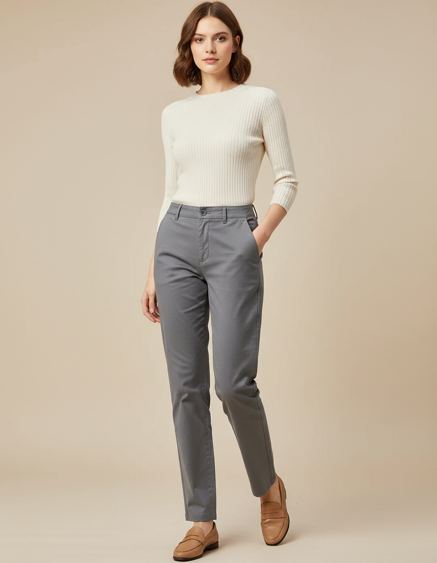 Pantalon Gris Chino Coton Coupe Droite Femme