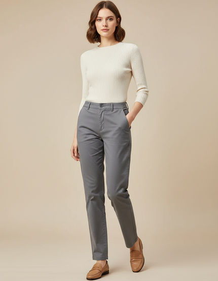 Pantalon Gris Chino Coton Coupe Droite Femme