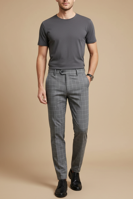 Pantalon Gris Carreaux Homme Habillé Élégant Slim - Laine