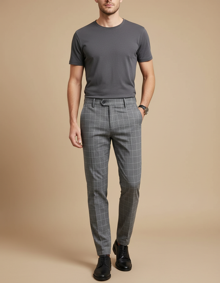 Pantalon Gris Carreaux Homme Habillé Élégant Slim - Laine