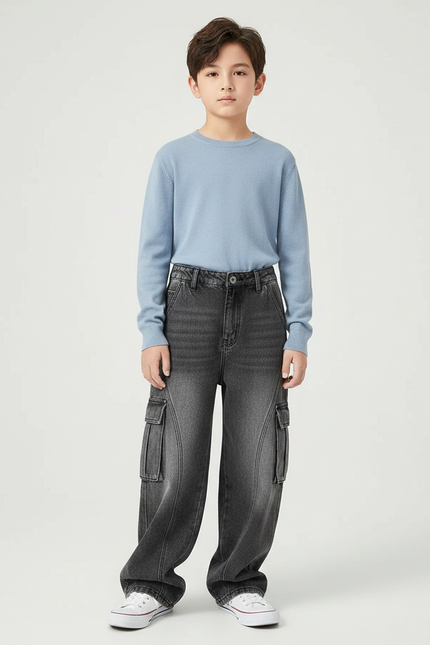 Pantalon Gris Cargo Ample Baggy Enfant - Jean