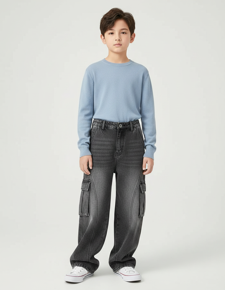 Pantalon Gris Cargo Ample Baggy Enfant - Jean