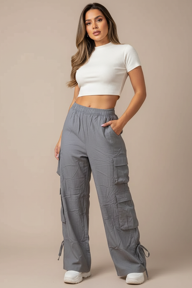 Pantalon Gris Cargo Ample Femme Décontracté - Toile