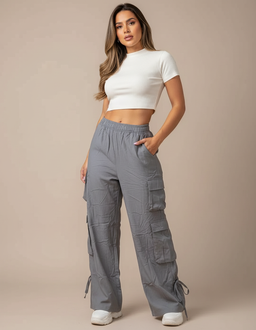 Pantalon Gris Cargo Ample Femme Décontracté - Toile