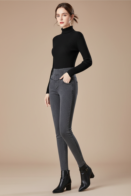 Pantalon Gris Skinny Taille Haute Stretch Femme - Jean