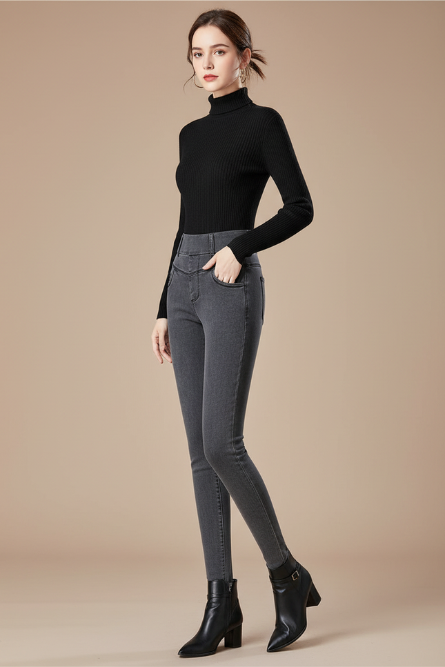 Pantalon Gris Skinny Taille Haute Stretch Femme - Jean