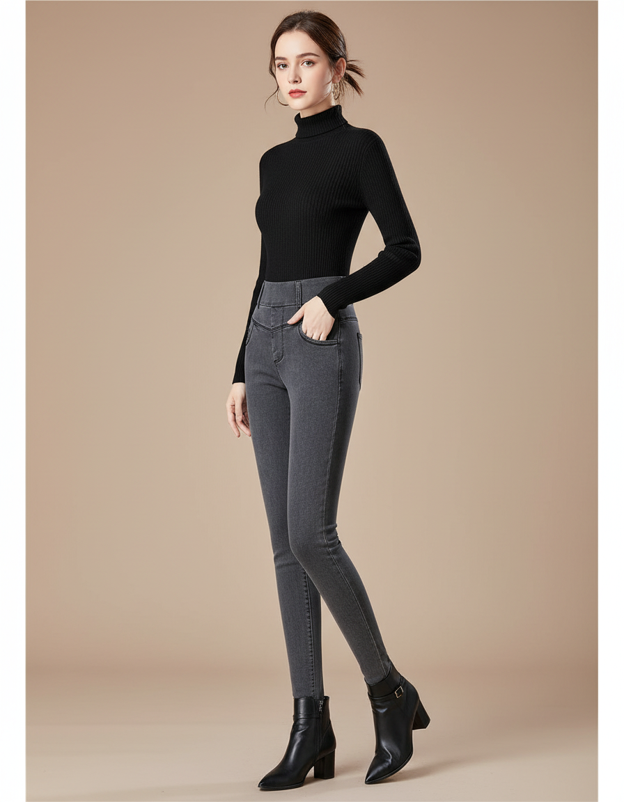 Pantalon Gris Skinny Taille Haute Stretch Femme - Jean