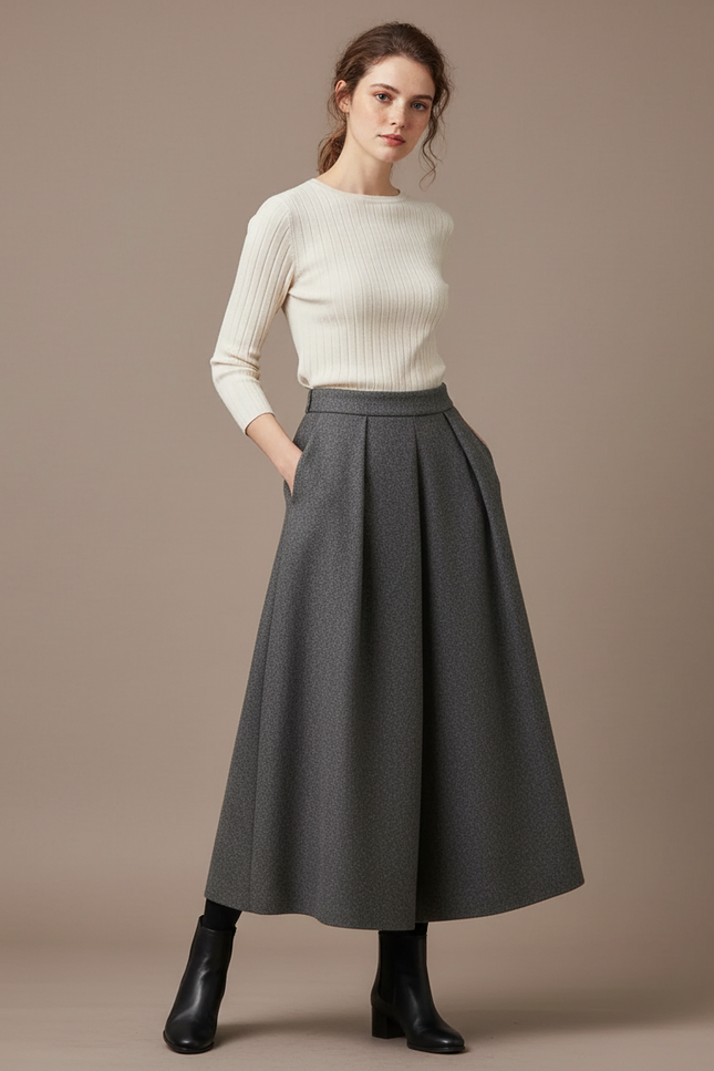 Pantalon Gris Plissé Ample Laine Élégant Femme