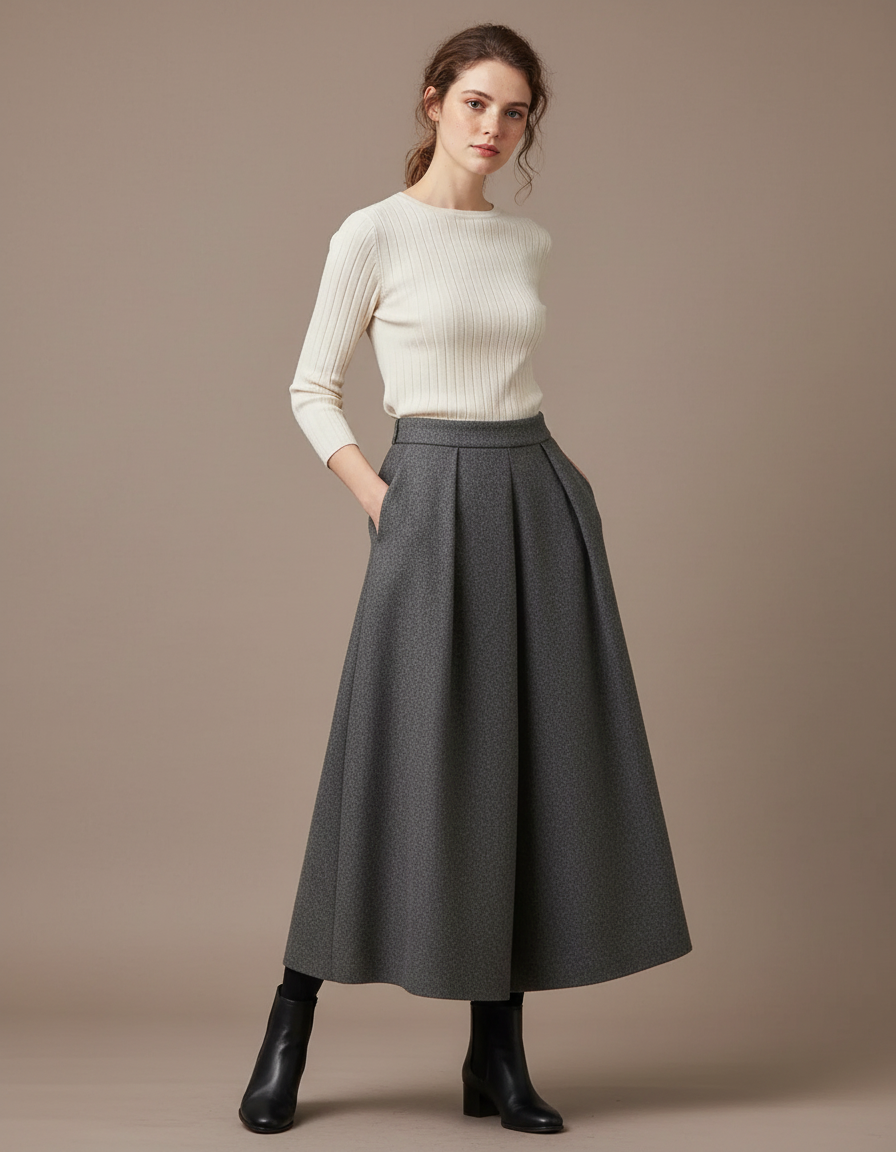 Pantalon Gris Plissé Ample Laine Élégant Femme