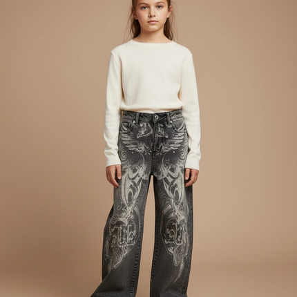 Pantalon Gris Baggy Imprimé Gothique Unisexe - Jean
