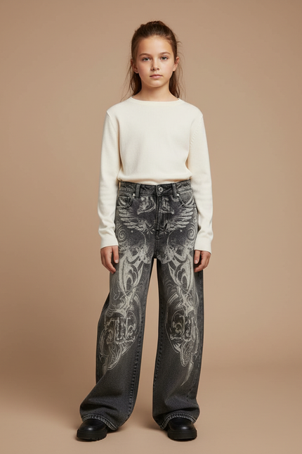 Pantalon Gris Baggy Imprimé Gothique Unisexe - Jean