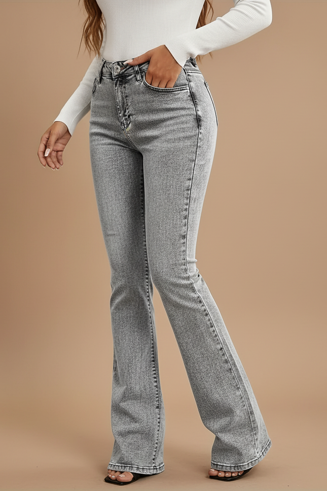 Pantalon Gris Jean Évasé Taille Haute Délavé