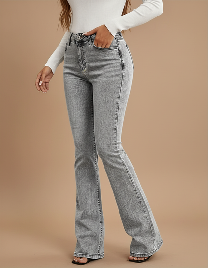 Pantalon Gris Jean Évasé Taille Haute Délavé