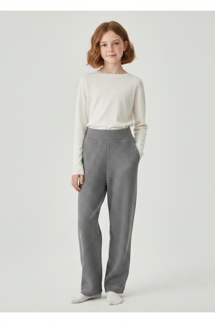 Pantalon Gris Tricoté Large Confortable Décontracté Femme - Maille